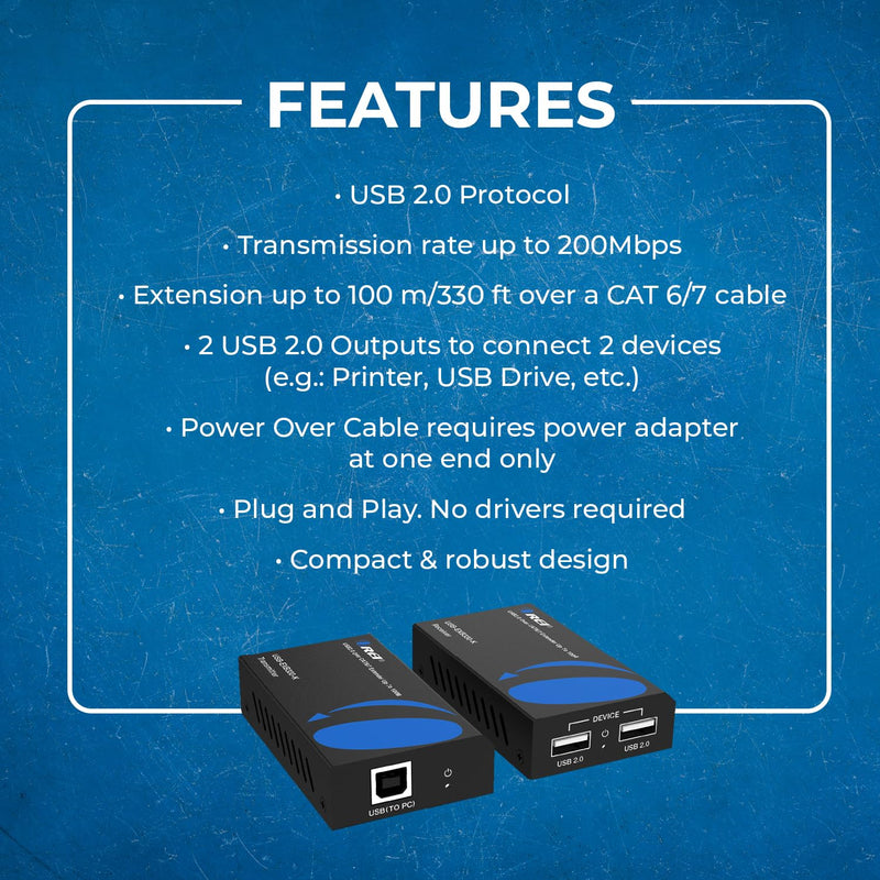 OREI USB 2.0 Over Ethernet Cat5e/6 Extender LAN Upto 330 Feet - Extends 2 Ports USB-A Signal Over LAN Ethernet - Power Over Cable for Long Distance Extension Supports All Operating System USB 2.0 - 330 Feet