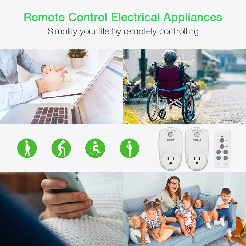 2 Pack Remote Control Outlet, TESSAN Wireless Electrical Plug Switch for Lights, Lamps, Fans, 100ft RF Range, 1200W (1 Remote + 2 Outlet) 1 Remote + 2 Outlet