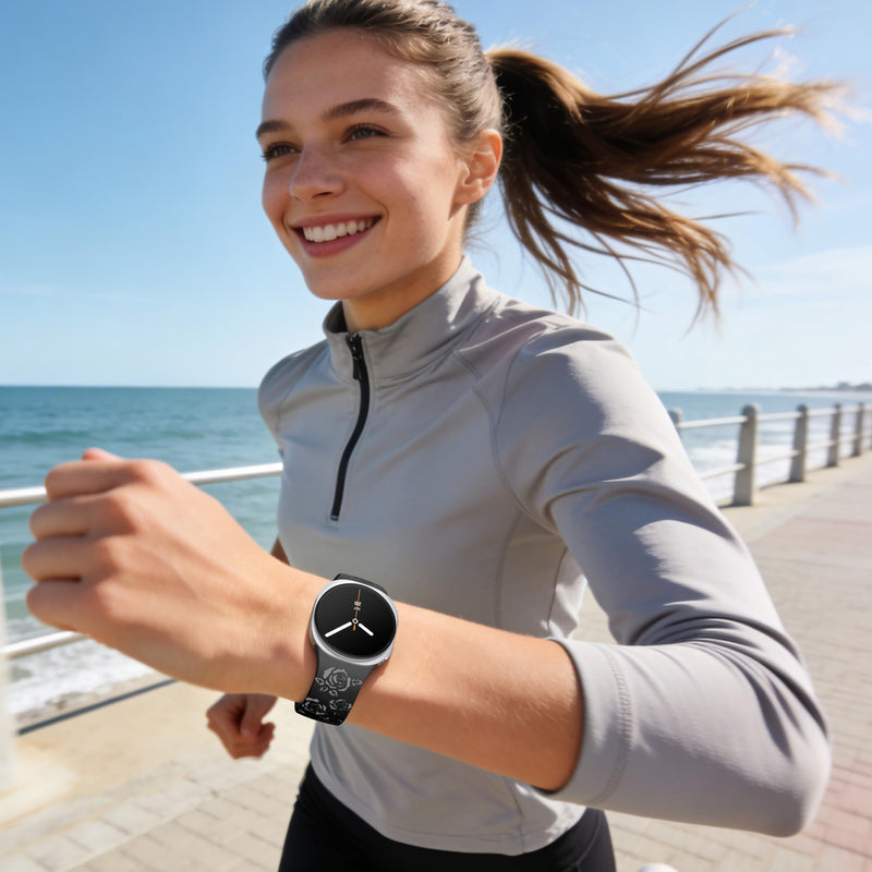 Floral Bands for Samsung Galaxy Watch 9 8 40mm 44mm Watch 8 Classic 46mm | Glossy Floral Engraved, Soft Waterproof Silicone, Sport Strap for Galaxy Watch 9 Band Women Men, Ideal for Workout Office Black