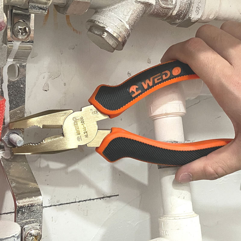 WEDO Non-Sparking Lineman's Pliers 6", Spark-free Safety Side Cutter Linemans Pliers, Combination Pliers, Wire Stripper, Crimper, DIN Standard, BAM & FM Certificate, Aluminum Bronze 6“