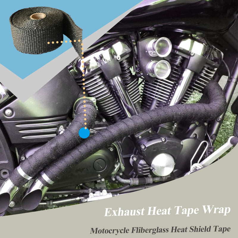 Exhaust Heat Tape Wrap, 2" x 16.5' Black Exhaust Heat Wrap Roll for Motorcycle Fiberglass Heat Shield Tape with Stainless Ties