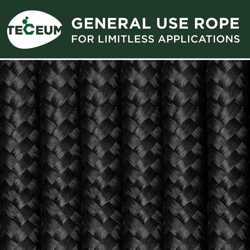 TECEUM Rope 1000lb – 1/4” & 3/8” – 90 FT | 150 FT – Strong All-Purpose Utility Rope – Camping, Crafting, Flag Pole, Indoor & Outdoor – Polypropylene Nylon Poly Lightweight Diamond Braided Cord – Black 1/4" - 90 FT (27.5M)