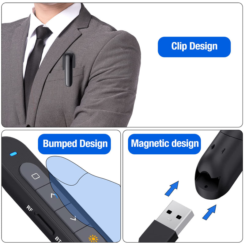 Presentation Clicker Compatible with Bluetooth and RF 2.4GHz Dual Modes Red Light, Wireless Presenter Remote Control for Powerpoint Presentations Pointer Slide Clicker for Mac Computer Powered by AAA BT+RF Mode