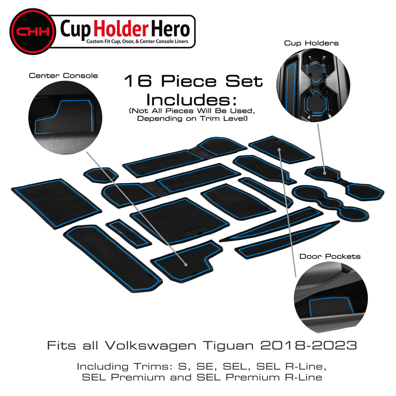 CupHolderHero Fits with Volkswagen VW Tiguan Accessories 2018-2024 Premium Custom Interior Non-Slip Anti Dust Cup Holder Inserts, Center Console Liner Mats, Door Pocket Liners 16-pc Set (Blue Trim) Blue Trim