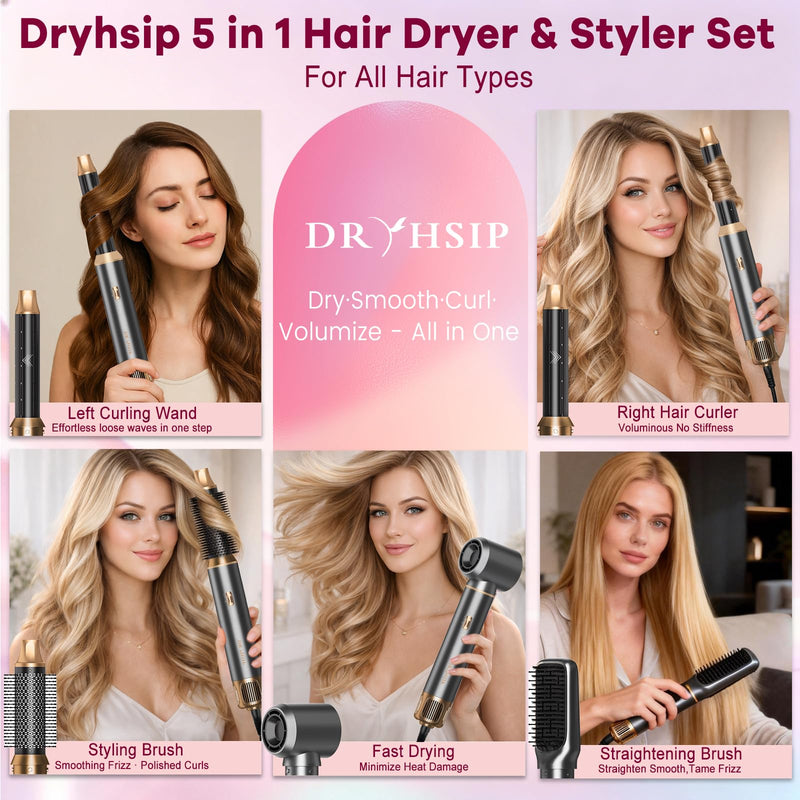 Dryhsip 5 in 1 Hot Air Brush with Detachable Heads, Hair Dryer & Styler (Curling Wand, Volumizer, Straightener), Compact Lightweight Travel Styler for Women (Grey) Pearl Grey