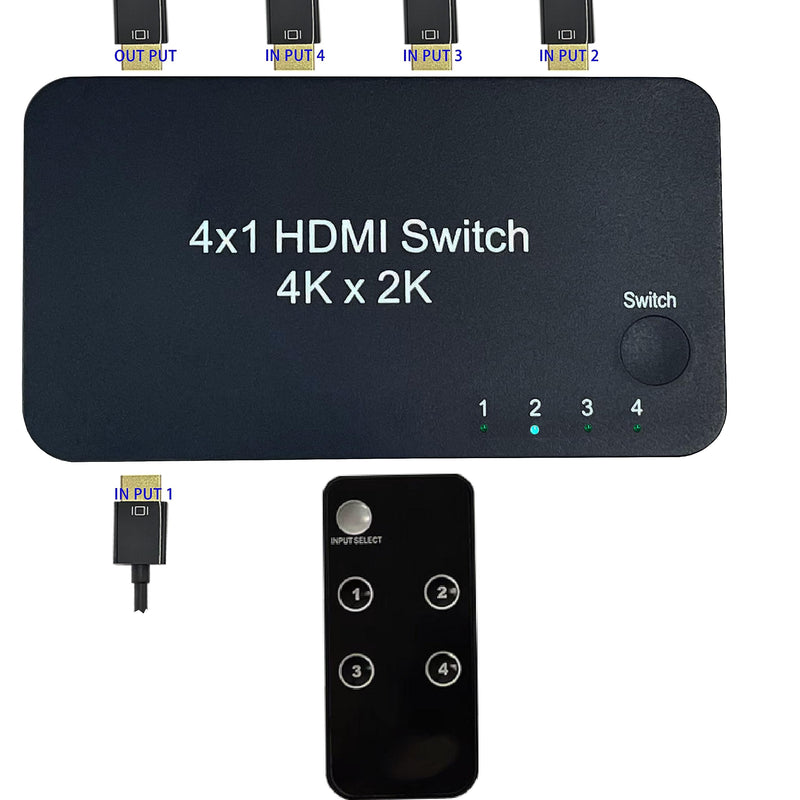 HDMI Switch 4 in 1 Out, 4 Port HDMI Switcher Selector Box with IR Remote Control & Auto Switch, Support 4K@60Hz, 1080p 3D,