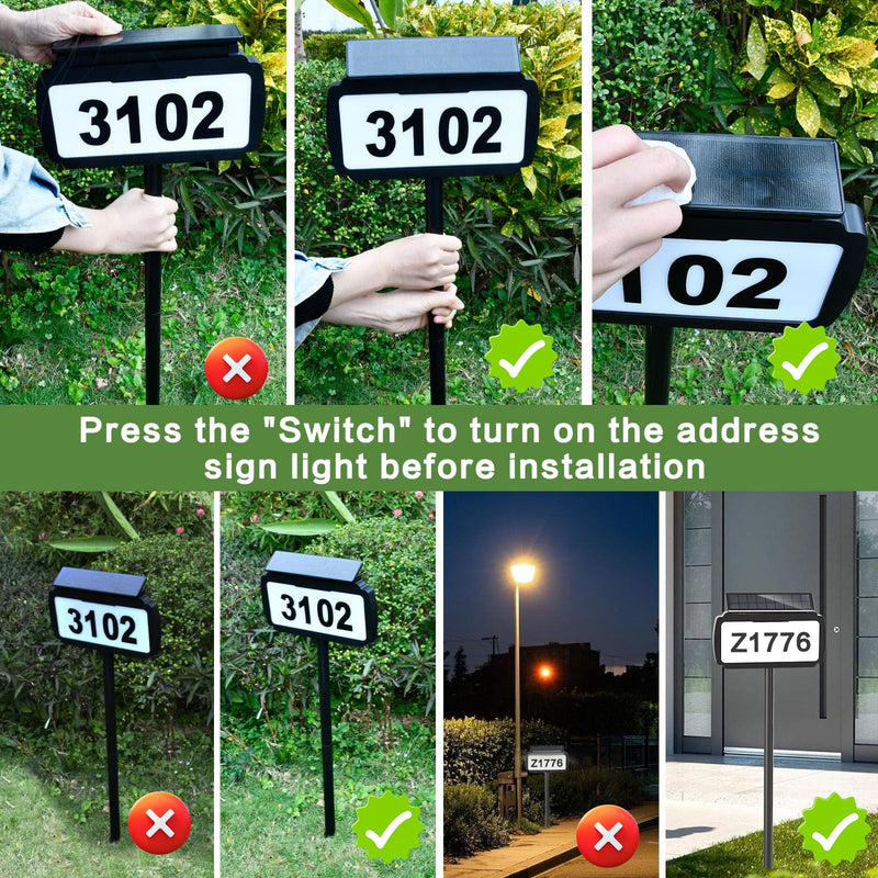 Solar Address Sign, House Number Sign with 3 Lighting Modes, Mailbox Numbers for Outside, In Ground & Wall/Mailbox Mounted, Waterproof Yard Sign, Illuminated One Sided