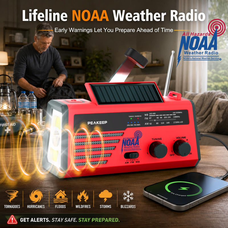 Peakeep NOAA Emergency Weather Radio Alert with Crank Solar Battery Powered | Portable Radio AM FM, Rechargeable Battery Backup, SOS, Flashlight Lamp USB Port for Home Outdoor Camping Storms Blackouts Red with Black