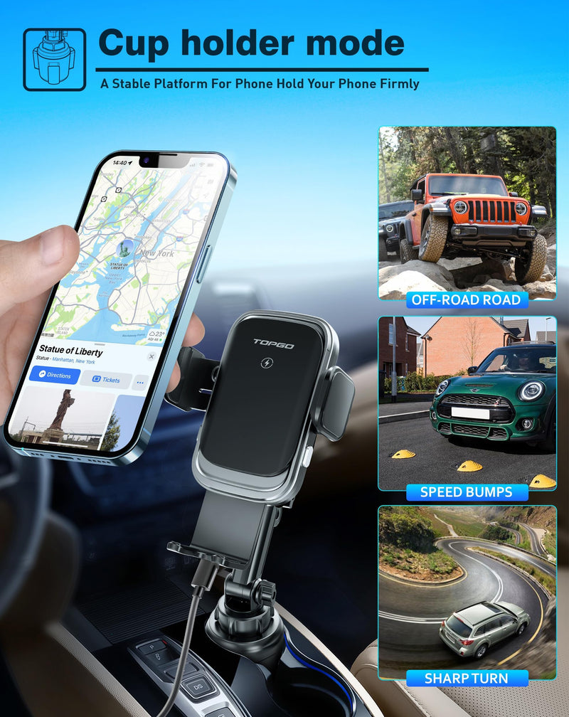 [Upgraded] TOPGO Cup Phone Mount Wireless Charger,Universal Cell Phone Holder Car Charger Wireless-Charger-Cup-Phone-Holder Fast Charging for iPhone16/16 Pro/16 Pro Max, Samsung Galaxy - Black | Upgraded, Universal Cell Phone Holder, Fast Charging, iPh...