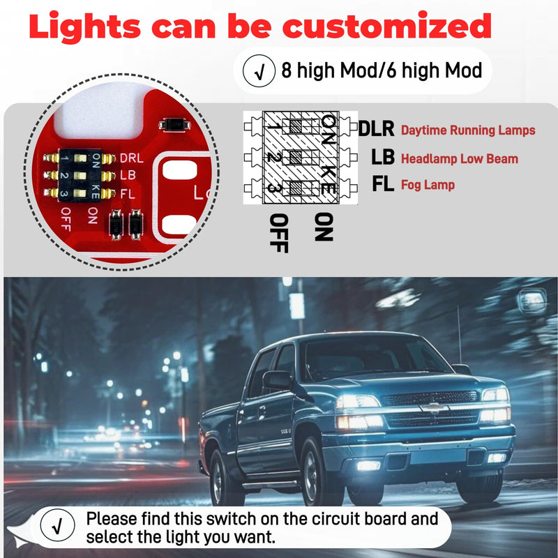 Customizable 6 high Mod ＆ 8 high Mod for 2003-2007 Chevy Silverado & Sierra 1500/2500/3500 Classic | Low Beams DRL Fog Lights Stay On with High Beams | Plug & Play Installation.(Red) 1-Red