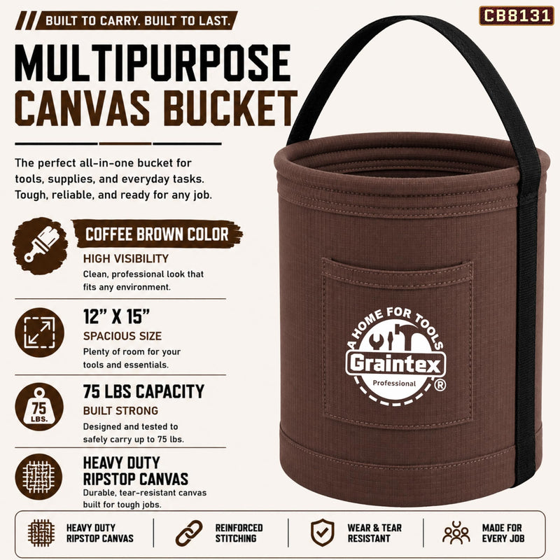 Graintex Canvas Utility Bucket 12"x15", Round Tool Bucket, Reinforced Base & Carry Handle, Ripstop Canvas, Multi-Purpose Bag for Jobsite, Home Use - Coffee Brown