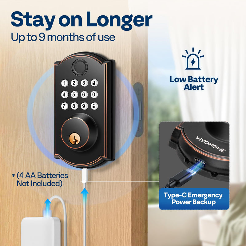 VIVOHOME Smart Lock for Front Door, Keyless Entry Door Lock with Fingerprint, Bluetooth App Remote Control, Electronic Keypad Deadbolt with User Management