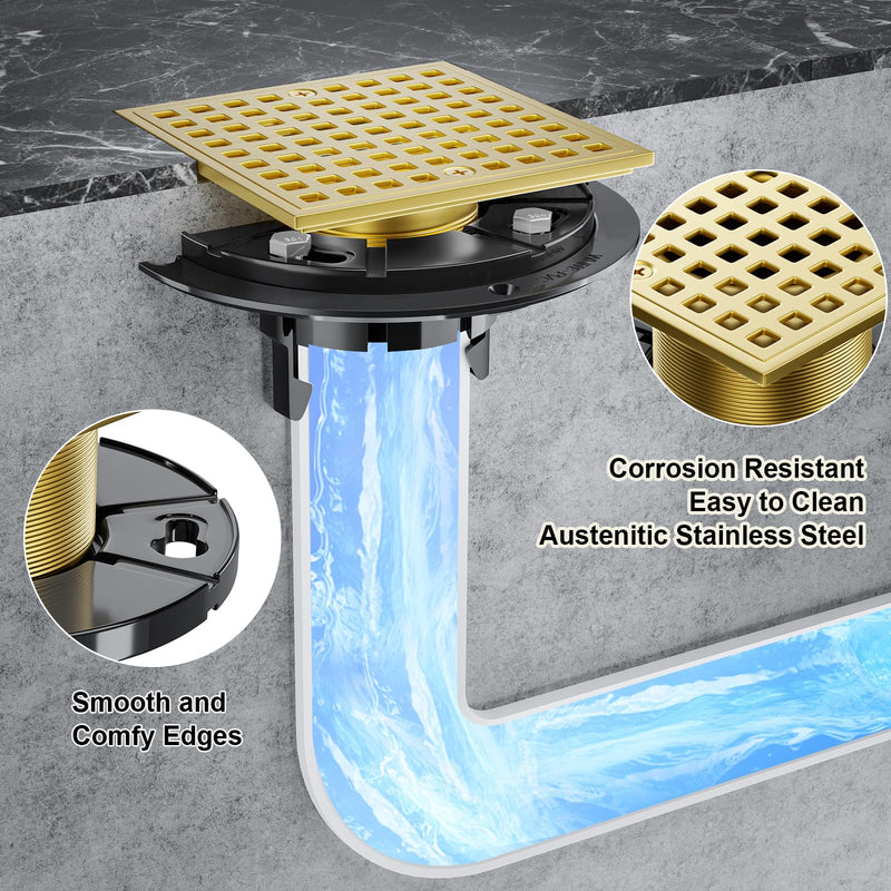 Shower Drain Hair Catcher- 4-1/4 Inch Square Shower Floor Drain Kit with ABS Flange for 2" or 3" Pipe, Drain with Hair Strainer,Removable Strainer Cover,SUS304 Stainless Steel, Brushed Gold