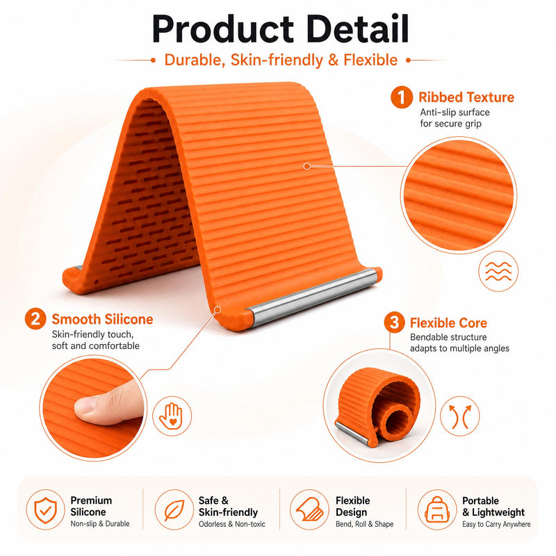2PCS Flexible Silicone Phone Holder, Foldable Aluminum Phone Stand | Bendable Core Foldable Rollable Phone Holder - Flexible iPhone Stand for Long Travel Accessories - Plane Essentials (Orange) Orange