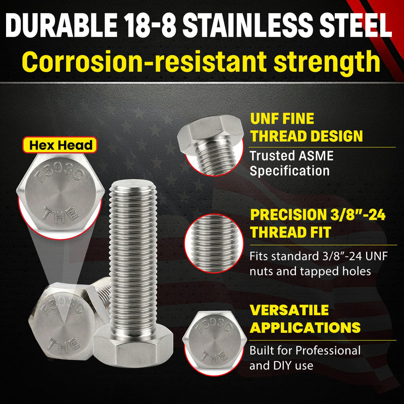 Stainless 3/8-24 x 1-1/4" Hex Head Bolts (3/4" to 5" Length in Listing), 304 Stainless Steel, SAE Fine Thread, 25 Pieces (3/8-24 x 1-1/4") 3/8-24 x 1-1/4"