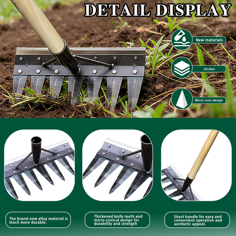 7 - pronged Heavy-Duty Garden Tiller Featuring a Wooden Handle,Iron Weed Puller Tool,New Spray-Painted Iron Manual Weed rake, Gardinia uprooting Tool,Suitable for Lawn and Garden