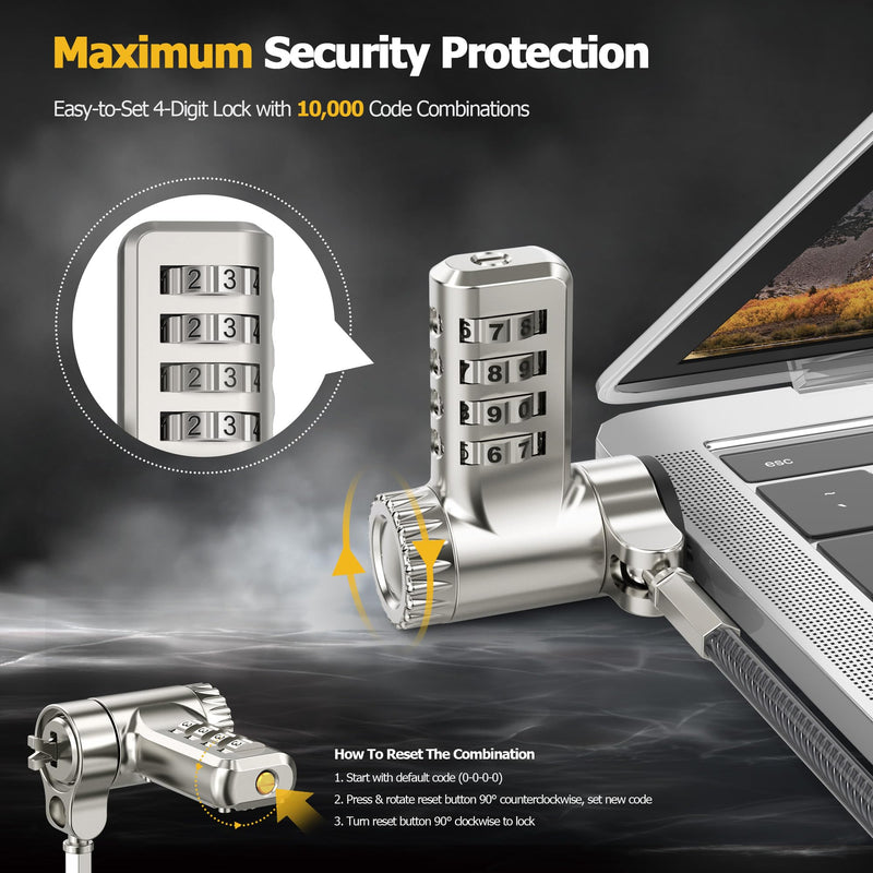 AboveTEK 3-in-1 Universal Laptop Cable Lock - Professional Laptop Security Combination Lock Compatible with K-Slot, Nano & Wedge Slot - Resettable 4-Digit Steel Locking Cable with 360° Rotating Head