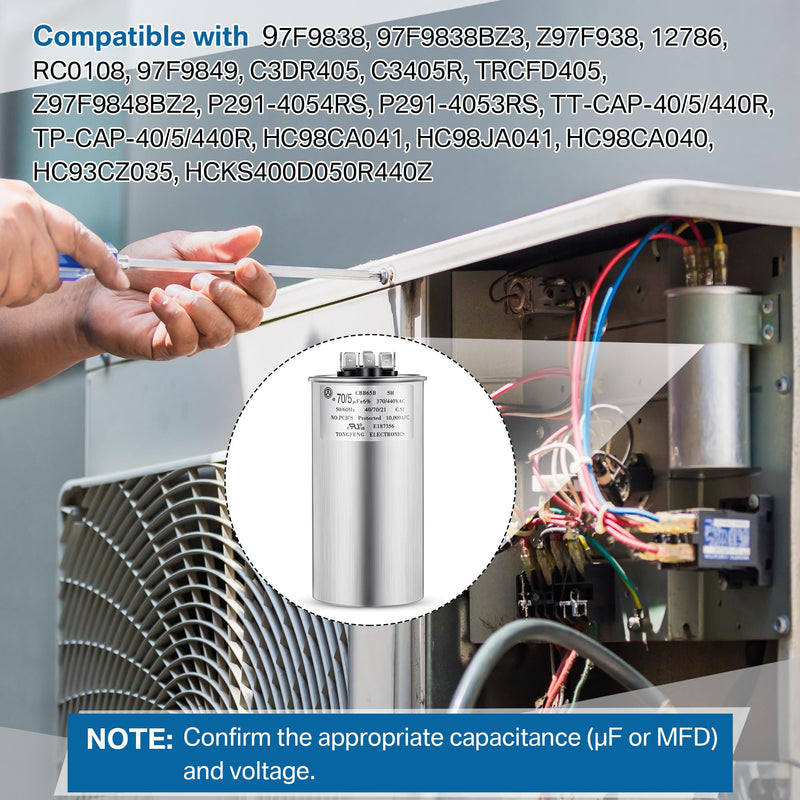 Umigy 2 Pack 70/5 uF 70+5 MFD 370/440VAC Dual Run Round Capacitor, CBB65B Air Conditioner Capacitors for AC Motor Run, Condenser Straight Cool, Heat Pump, Fan Start, Pool Pump, HVAC Capacitor 70+5 uF
