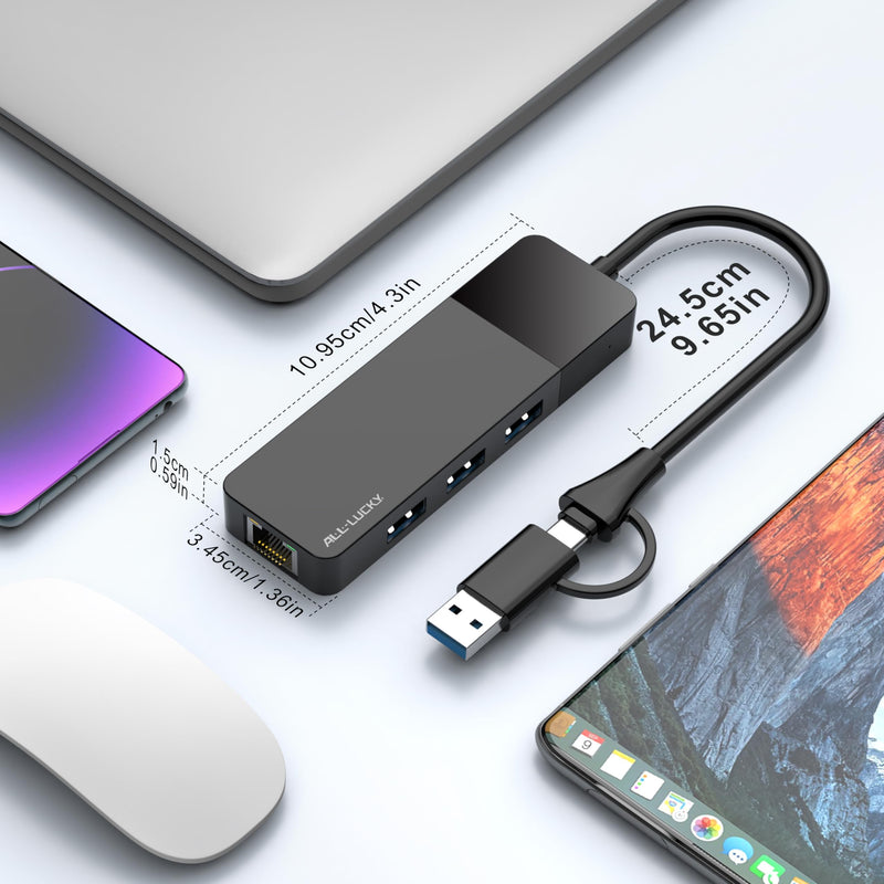 ALL-LUCKY USB to Ethernet Adapter, 4 in 1 USB C to Ethernet Adapter Hub with 3 x USB 3.0 Port/Gigabit Internet Port, High-Speed Network Hub Compatible for iMac,MacBook Pro，iPad Pro，XPS