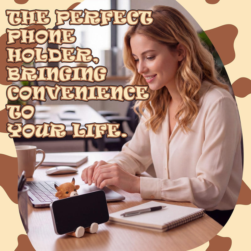 Highland Cow Phone Stand for Desk, Resin Cow Figurines Phone Holder | Cute Animal Desktop Statues, Western Cow Desk Accessories with Stable Base for Home Office Table Decor Friends Gifts Brown