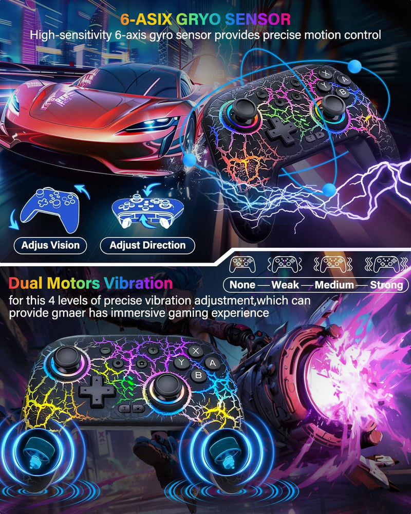 Switch Controller Compatible with Nintendo Switch/Switch Lite/OLED/PC | Programmable Wireless Switch Controller with 10 LED Light, 6-Axis Motion, Turbo, Vibration, One-Key Wake Up & Pairing, Flame
