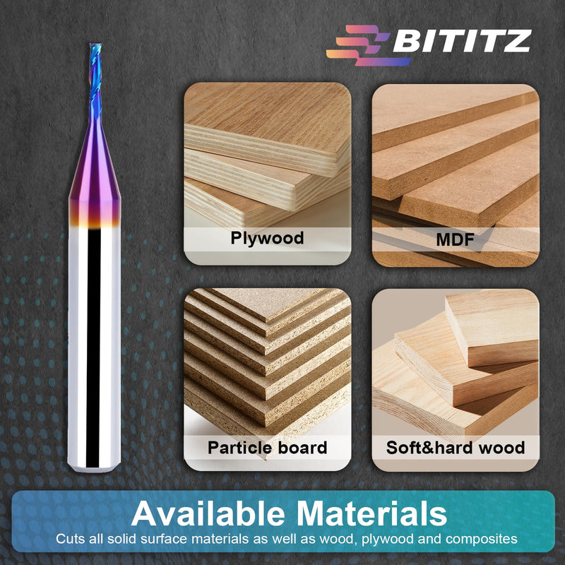 2PCS Upcut Spiral Router Bit 1/4 Inch Shank 1/16 Inch Cutting Diameter 1/4 inch Cutting Length with Extra Long Life Coating CNC Router Bits End Mill for Wood Cutting, Slot Mortise, Engraving UP CUT 2 pieces 1/16" Dia-1/4" CL-2" Overall Length