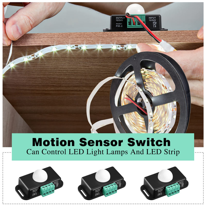 6 Pack 12V 24V PIR Sensor LED Motion Sensor Motion Detector Light Switch Body Infrared Sensing Timer Function Sign Control PIR Controllerfor Flexible LED Strip Lights(Black) Black
