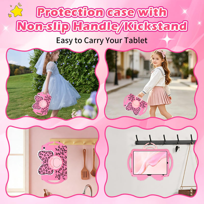 JAKPAK Kids Case for iPad (A16) 11th 10th Generation 11" 2025/10.9 in 2022 | Built-in 360° Rotating Kickstand, Double Handle, Cute Bow Leopard Print Soft Silicone Cover, Girly Kids Friendly, Pink