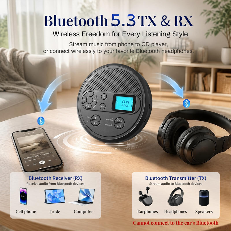 Portable CD Player with FM Transmitter, Bluetooth, Timer, USB, AUX | Rechargeable Music Player with Anti-Skip, Stereo Speakers, LCD Display, Includes Headphones for Use at Home or in Car, Grey