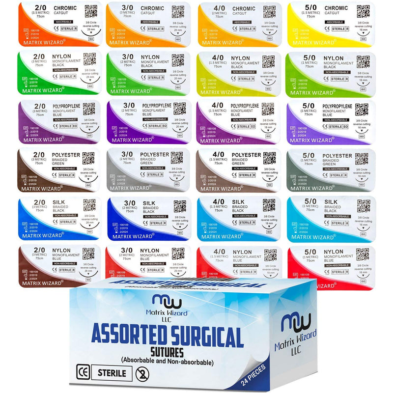 Mixed Sutures Thread with Needle (Absorbable: Chromic Catgut; Non-Absorbable: Nylon, Silk, Polyester, Polypropylene) - Surgical Wound Practice Kit, Emergency First Aid Demo (2-0, 3-0, 4-0, 5-0) 24PK