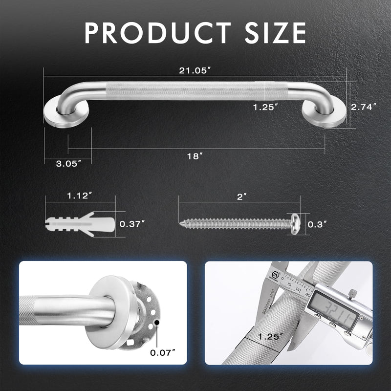 Grab Bars for Bathtubs and Showers, 304 Stainless Steel Handicap Grab Bar, Anti Slip Bathroom Handrail with Knurled Surface, Holds up to 500 LBS Safety Shower Handle for Elderly (18 Inches) 18 Inch