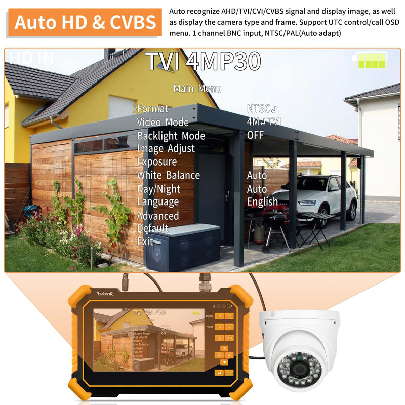 Rsrteng CCTV Tester Monitor Auto HD Coaxial Camera Tester 4K 8MP TVI/CVI/AHD/CVBS Analog Video Monitor 4.3 inch TFT-LCD Screen PTZ Control RS485 Call OSD Menu Audio DC12V Power Output Yellow