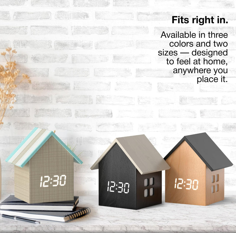 Driini Digital House-Shaped Alarm Clock with Temperature Display (Light Wood) – Modern Aesthetic - Cute Cube Frame and White LED Dimmer - Perfect Small Desk Clock for Bedside Table or Bedroom Mantle Light Wood; Black Roof