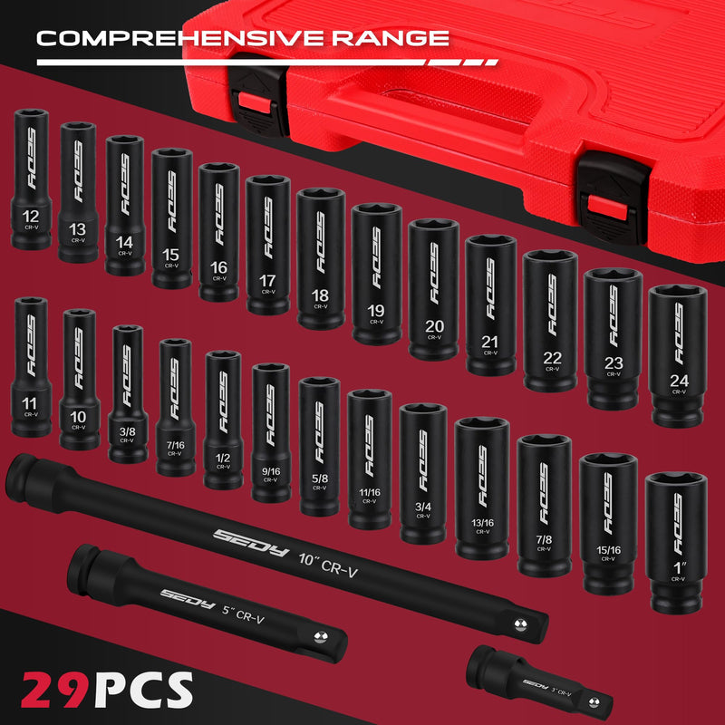 29-Piece 1/2" Drive Impact Socket Set, SAE (3/8 to 1 inch) and Metric (10-24mm) Sizes with Extension Bars Standard Deep Socket Set CR-V Material High Durability Impact Wrench 1/2--29PCS