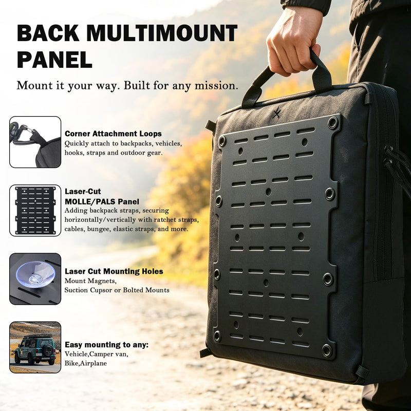 Starlink Mini Adventure Bag, MOLLE Carrying Case for Camping and Travel | Front MOLLE storage and a rear mounting panel let you carry and mount Starlink Mini for camping, RV and overlanding.