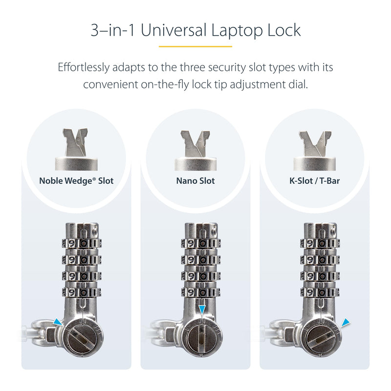 StarTech Universal Laptop Lock, 6.6ft, TAA, Cut-Resistant Cable (2m) | Security Cable For Notebooks Compatible With Noble Wedge/Nano/K-Slot, Keyless Combination Locking Cable Resettable Combination Single Pack Adjustable