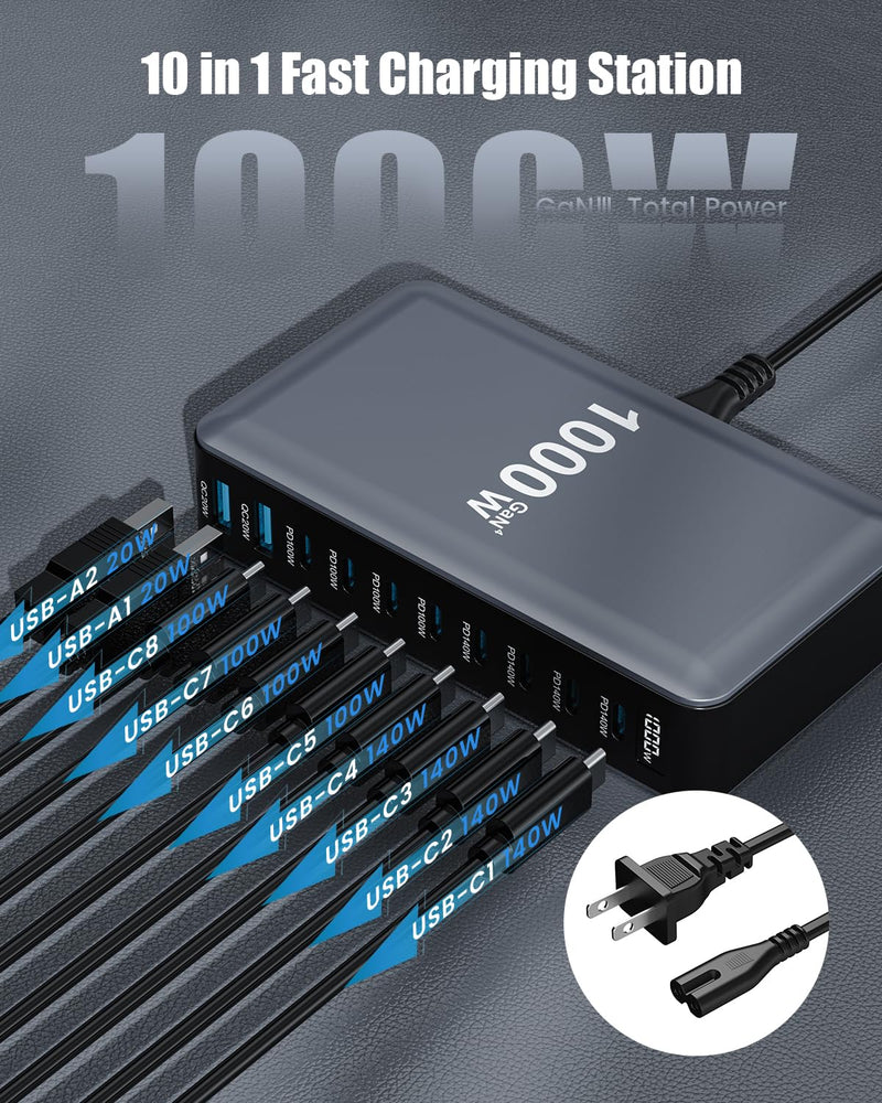 USB C Charger 1000W USB C Charger Block,Upgraded GaN IV 10-Port Charging Station Hub,Travel Essentials 140W Fast Charging Laptop Adapter for MacBook Pro/Air,DELL,Steam Deck,iPhone 17/16,Galaxy S25/24 | Upgraded Desktop Charger 140W Fast Charging Laptop...