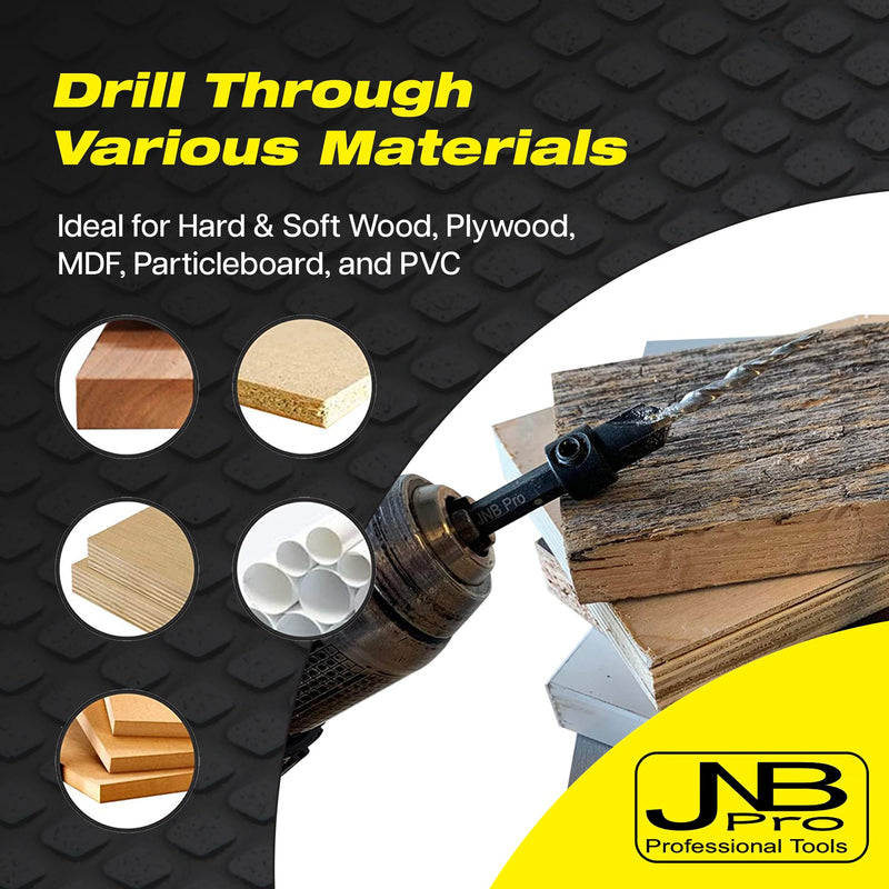 Countersink Drill Bit Set – 5pc Self-Centering Woodworking Bits with 4 Flutes, M2 HSS Material, 1/4" Hex Change, Depth Collar, Includes 2 Free Tapered Bits for Precision Drilling – #6 (9/64") 5 Pc #6(9/64")