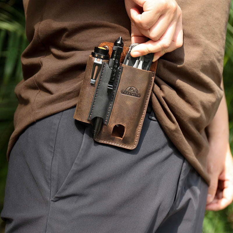 Topstache Leather Multitool Sheath with Belt Clip - Multi Tool Holster for Belt - EDC Belt Organizer Fits Multitool, Flashlight, Pen - Leather EDC Pouch, DarkBrown Darkbrown-L (for Multitool)