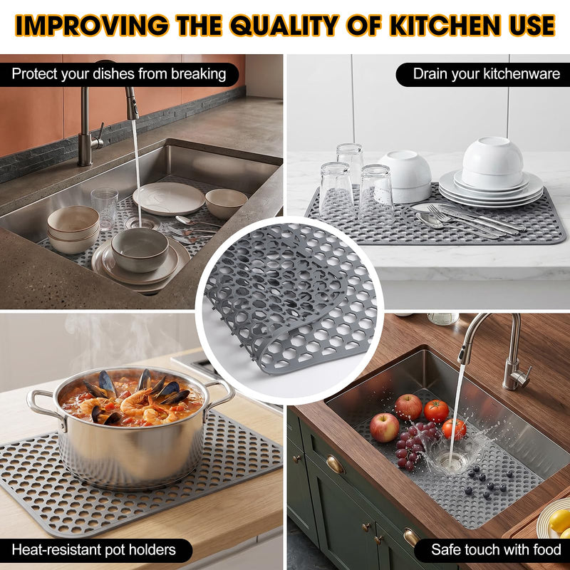 Silicone Sink Protectors for Kitchen Sink, 26 x 14 Inch Non-slip Heat Resistant Silicone Sink Mat Grid for Bottom of Farmhouse Stainless Steel Sink with 2 Reserved Holes, Kitchen Sink Accessories,Grey Grey-26x14in