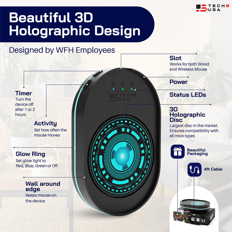 TECH8 USA Mouse Mover Device, Undetectable Mouse Jiggler for Laptops, PC, No Software, Random Movement, Patented, Designed, Engineered, Packaged in USA - 3D Hologram Alien