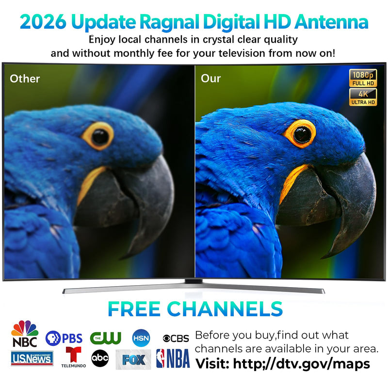 TV Antenna for Smart TV Indoor, Digital Antenna for Local Channels | 2026 Upgraded TV Antenna, Support 4K 8K 1080p HD Antenna with Amplifier Signal Booster & 18FT Coaxial Cable