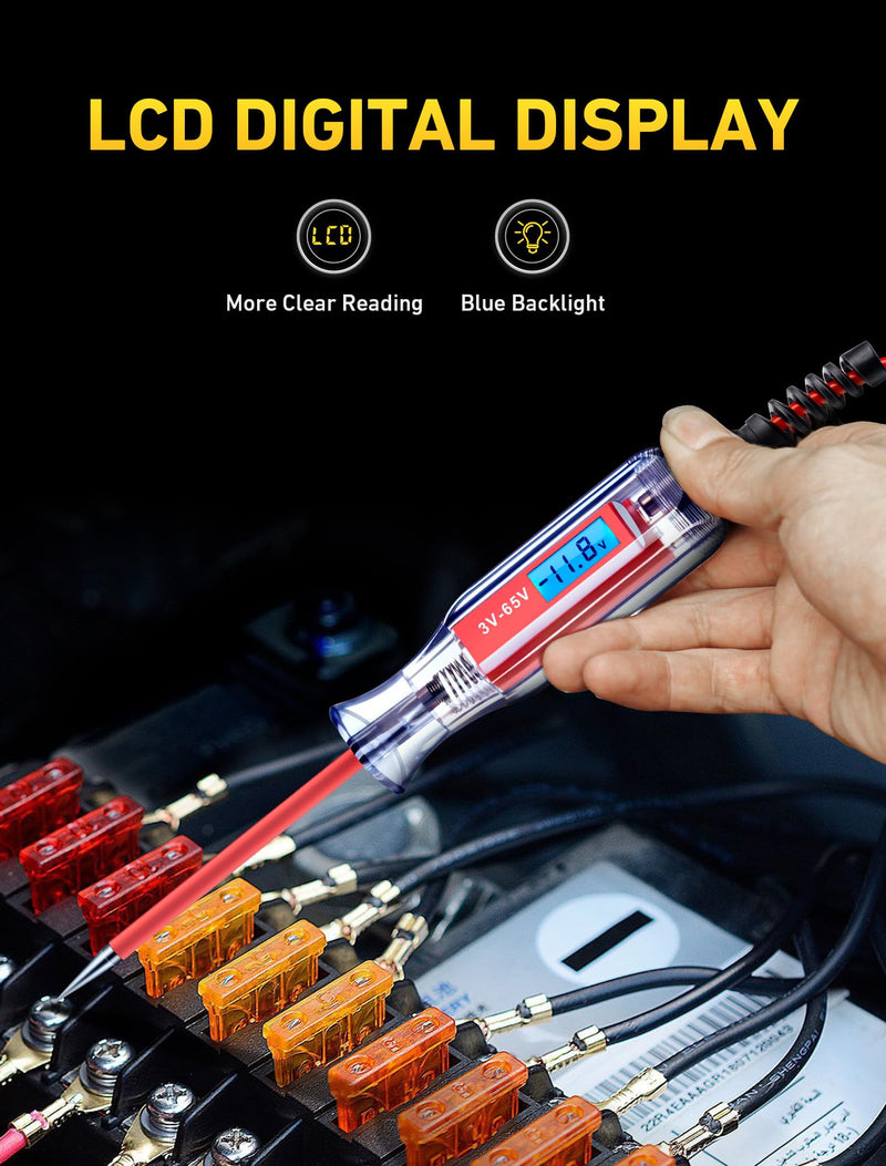  [AUSTRALIA] - Heavy Duty 3-65V Backlit Digital LCD Circuit Tester, Test Light with 140 Inch Extended Spring Wire, Car Truck Low Voltage & Light Tester with Stainless Probe