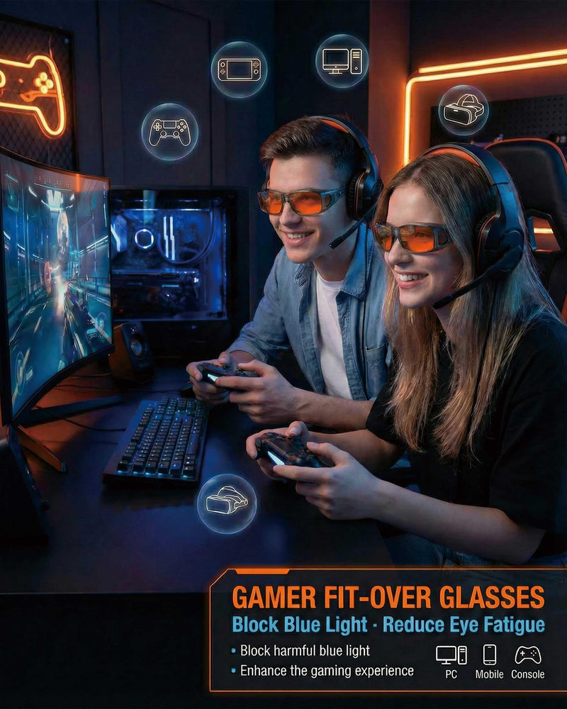 OptiCraft High Tech Blue Light Blocking Glasses Wear Over Prescription | Computer Gaming Glasses, Reduce Eye Strain, Better Sleep, Lightweight Amber-Tint Lenses, UV Protection & Block 380-500nm Rays A02 Grey / Orange