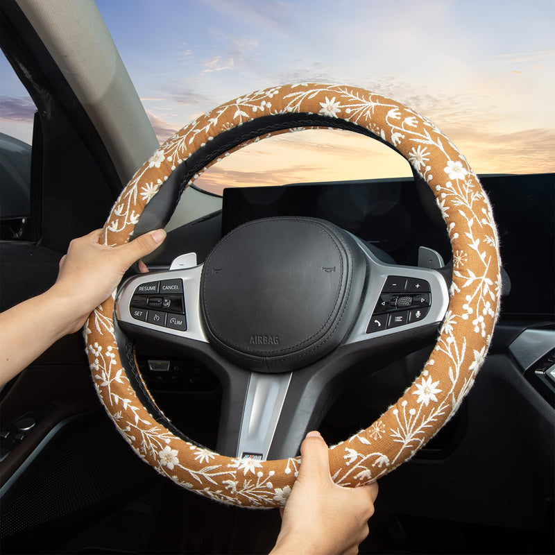 Brown Japanese Style Flower Steering Wheel Cover Auto Embroidery Steering Wheel Protector, Anti-Slip, Breathable, Absorbing Sweat, Universal Car Accessories 14.5–15 inch,Fit for Most Car, Trucks, SUV Brown Japanese Style Flower JQ 15 inch