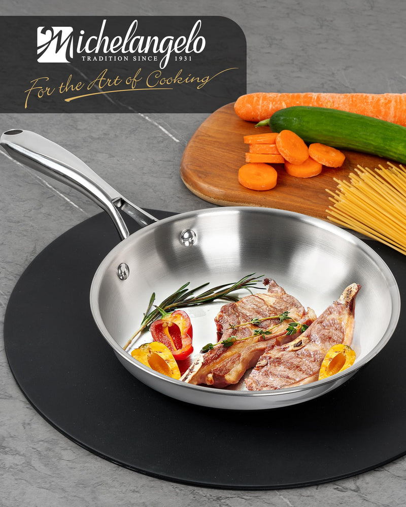 MICHELANGELO Stainless Steel 8 inch Frying Pan, Small Skillet with Triply Base, Stainless Steel Pan with Ergonomic Handle, Induction Compatible Silver 8-Inch w/o Lid