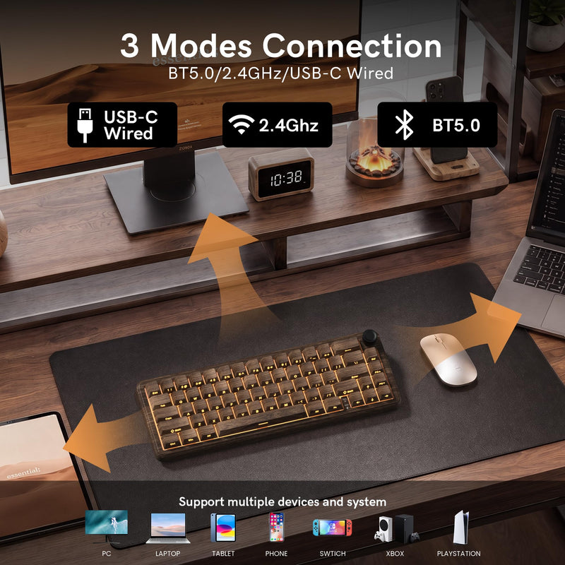 womier L65 60% Brown Mechanical Keyboard with Knob,4000mAh,Tri Mode USB-C/BT5.0/2.4G,RGB Backlit,Hot Swap,Linear Switch,Gasket Mounted Wireless Gaming Keyboard for PC/Mac,Wood Pattern Theme Wood Pattern theme