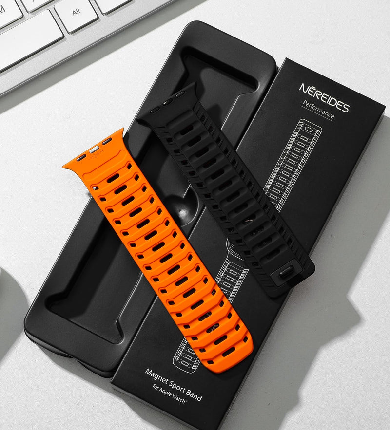 Magnetic Silicone Sport Band for Apple Watch Bands for Women Men | Soft Silicone Hollow Out 38/40/41/42/44/45/46/49mm, Adjustable Strap for iWatch Series 11 10 9 8 7 6 5 4 3 2 1 SE&Ultra 3/2/1 Black+Orange 44/45/46/49mm