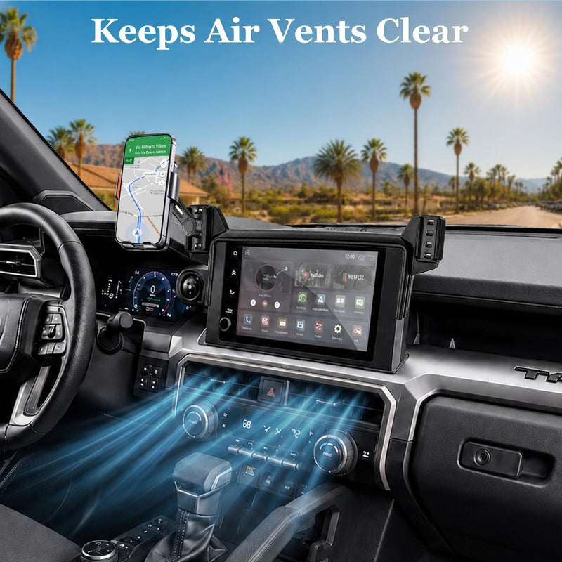 Car Phone Holder for 2024-2026 Toyota Tacoma 4th Gen Accessories, 8-Inch Screen Phone Mount with Up to 15W Fast Wireless Charger, Auto-Clamping Aluminum Holder, 360° Rotation, Keeps Air Vents Clear