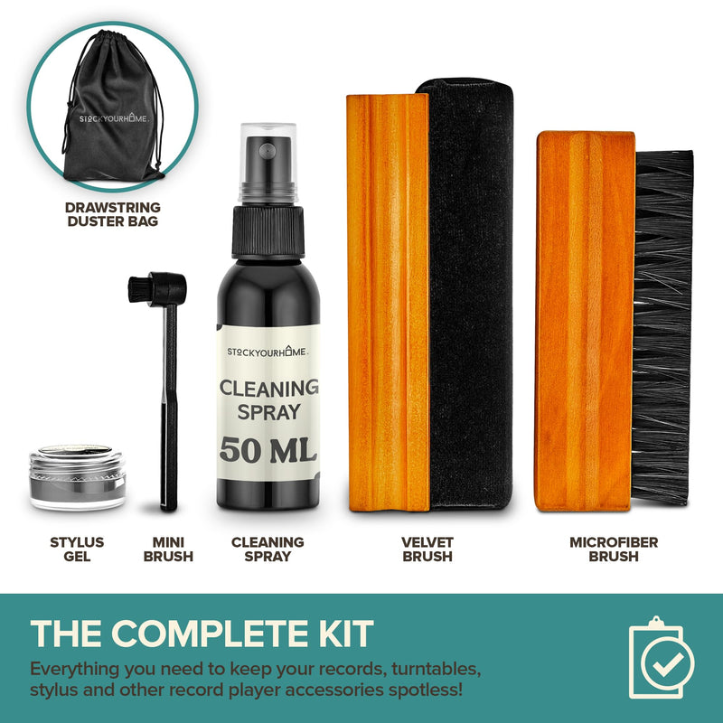Stock Your Home 6 Piece Vinyl Record Cleaning Kit, Includes Vinyl Cleaner Spray, Anti-Static & Velvet Vinyl Record Brush, Needle Cleaning Gel & Brush, and Drawstring Duster Bag